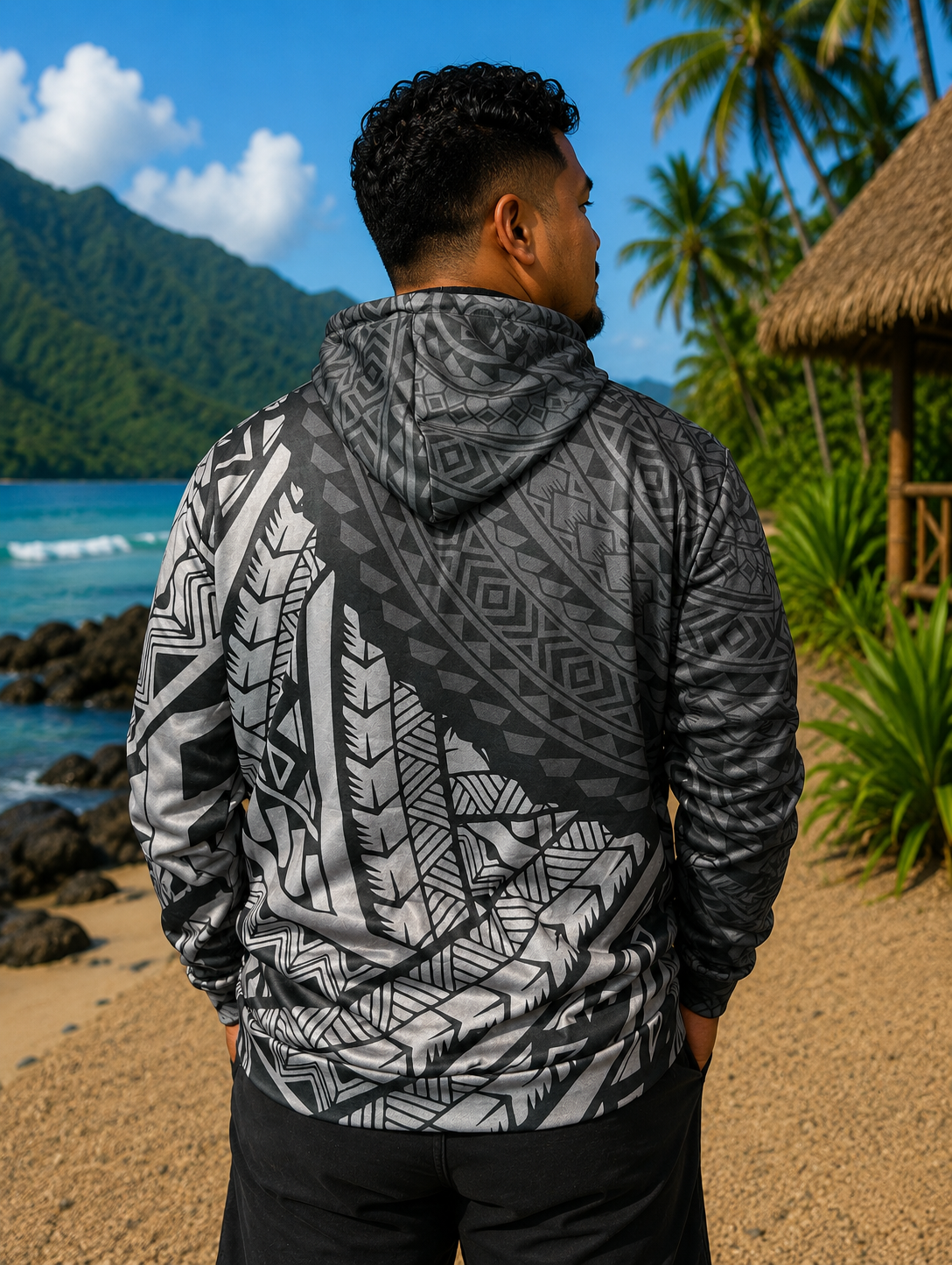 Sweat Noir/Gris à Capuche - Motifs Polynésiens