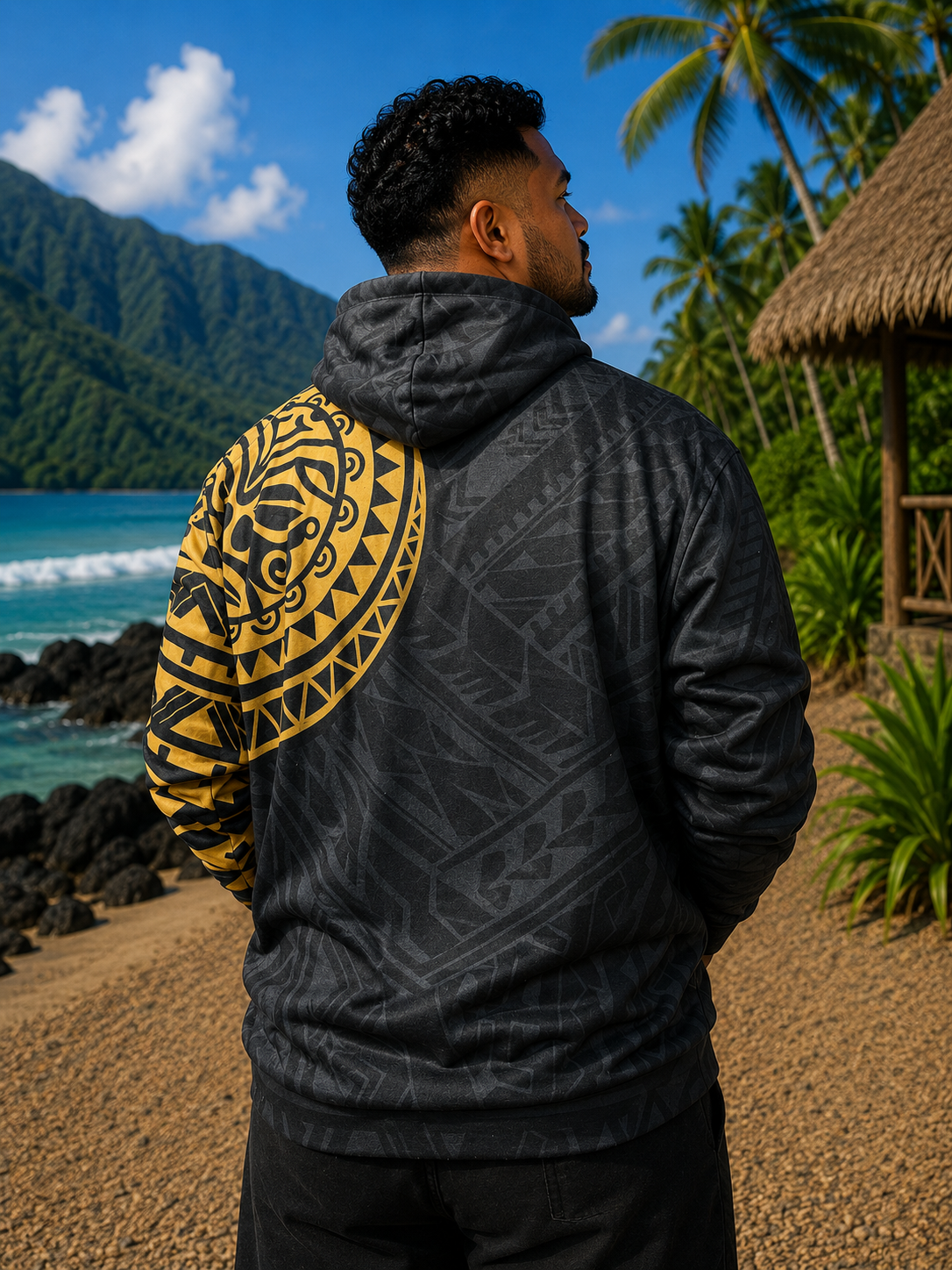 Sweat Noir/Jaune à Capuche - Motifs Polynésiens