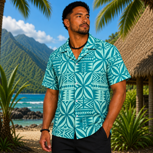 Chemise Homme Polynésienne à motifs  - TURQUOISE