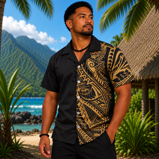 Chemise Homme à Motifs Polynésiens - NOIR/JAUNE