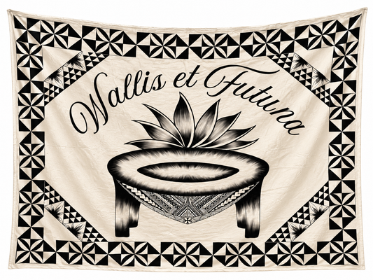 Plaid Blanc - Tanoa et Motifs de Wallis et Futuna Noirs