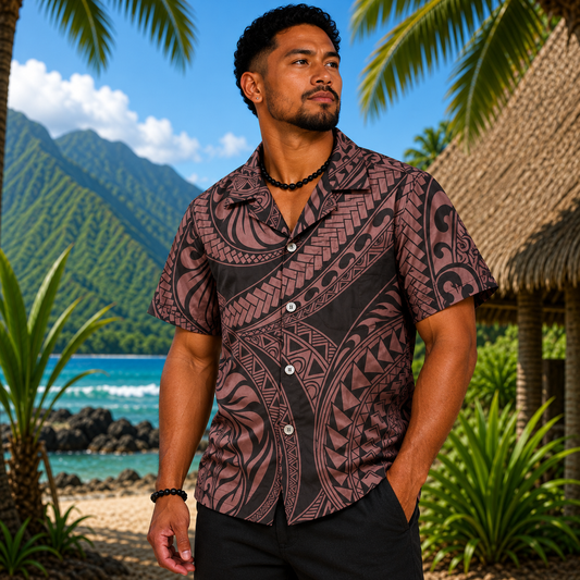 Chemise Homme Polynésienne à motifs marron - VÉGÉTAL