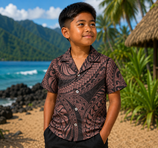 Chemise Enfant Polynésienne à Motifs marron - VÉGÉTAL