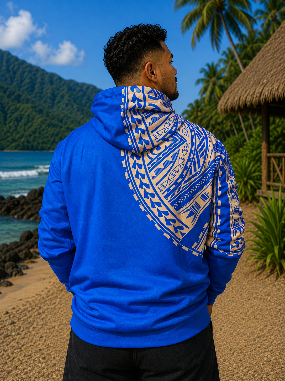 Sweat Bleu Foncé à Capuche - Motifs Polynésiens