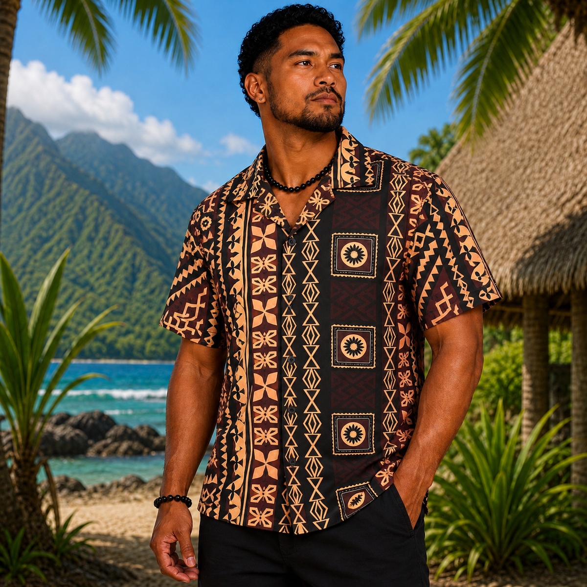 Chemise Polynésienne à motifs Marron