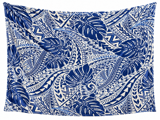 Plaid Blanc - Montserra et Motifs Polynésiens Bleus