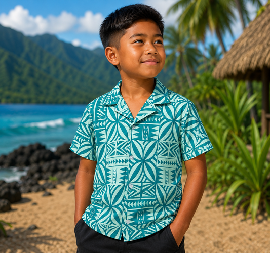 Chemise Enfant Polynésienne à Motif  - TURQUOISE