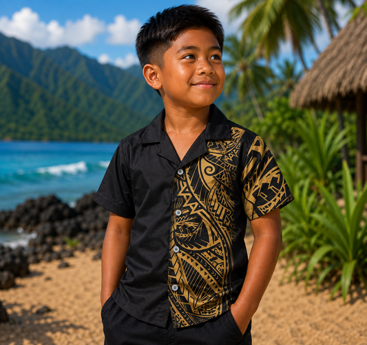 Chemise Enfant Polynésienne à Motif  - NOIR/JAUNE