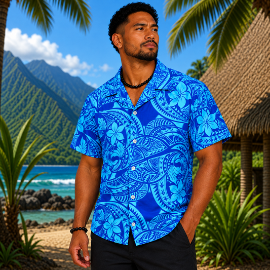 Chemise Homme Polynésienne à motifs - TIARE BLEU